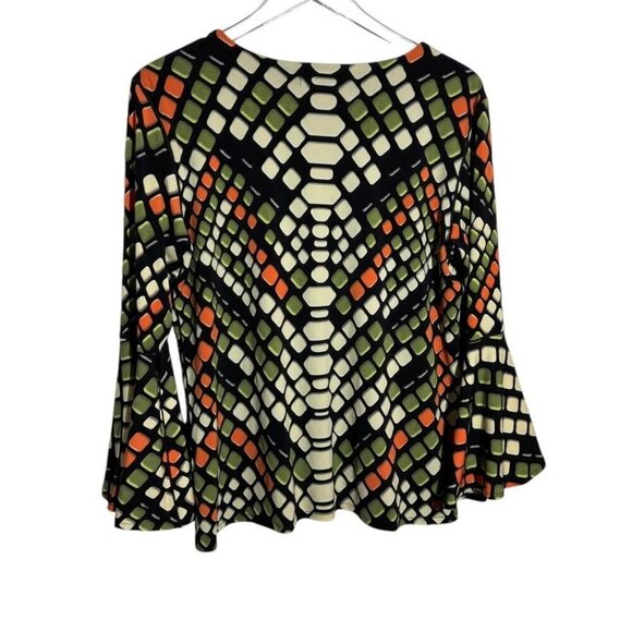 Eva Varro womens size Large top Slinky jersey knit black print bell sleeves - Picture 4 of 6